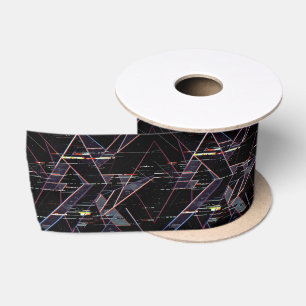Neon Glitchcore Geometric Shapes on Black Satin Ribbon