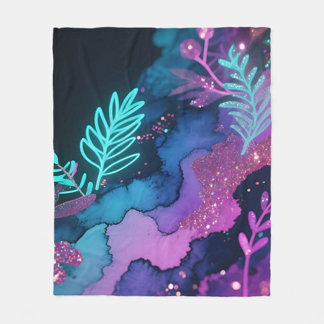 Neon Glitter Botanical Abstract Fleece Blanket (Front)