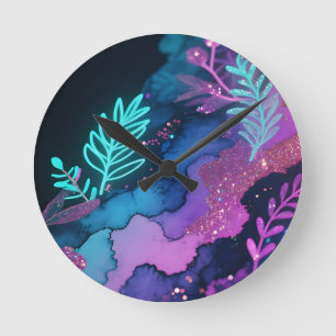 Neon Glitter Botanical Abstract Round Clock