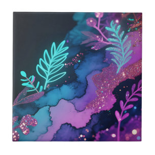 Neon Glitter Botanical Abstract Tile