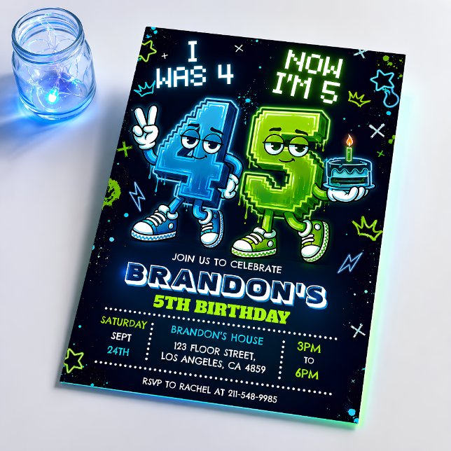 Neon Glow 5th Birthday Invitation Boy (Creator Uploaded)
