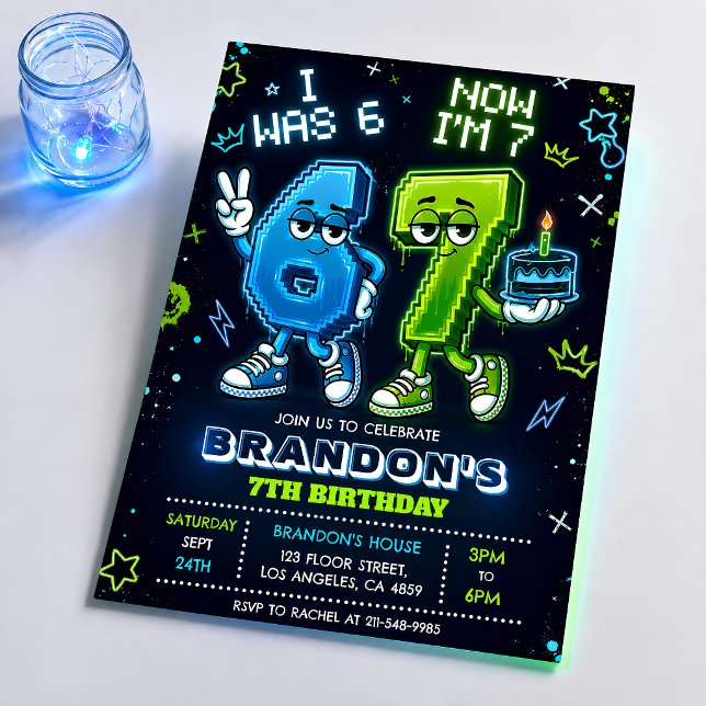 Neon Glow 7th Birthday Invitation Boy (Creator Uploaded)