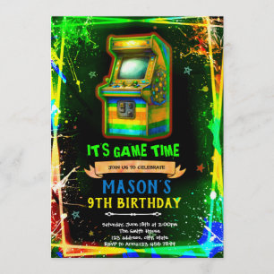 Neon glow arcade birthday invitation