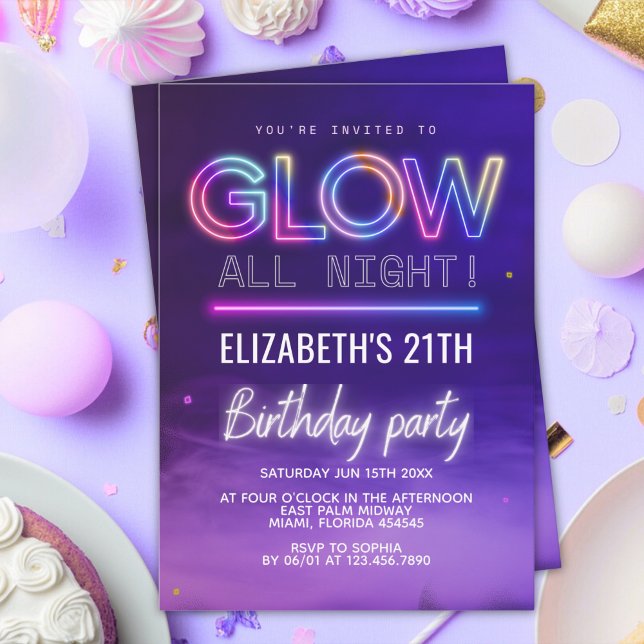 Neon Glow Birthday Party – Glow All Night Theme Invitation (Creator Uploaded)