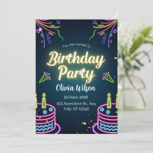 Neon Glow Birthday Party Invitation   Vibrant Dark