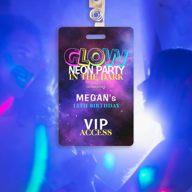 Neon glow birthday party VIP access invitation ID Badge (Creator Uploaded)