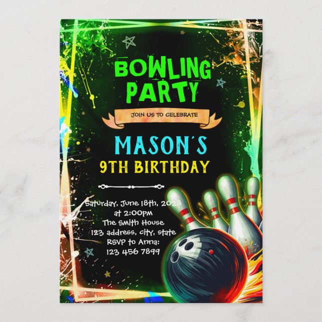 Neon glow bowling boy theme invitation (Front)