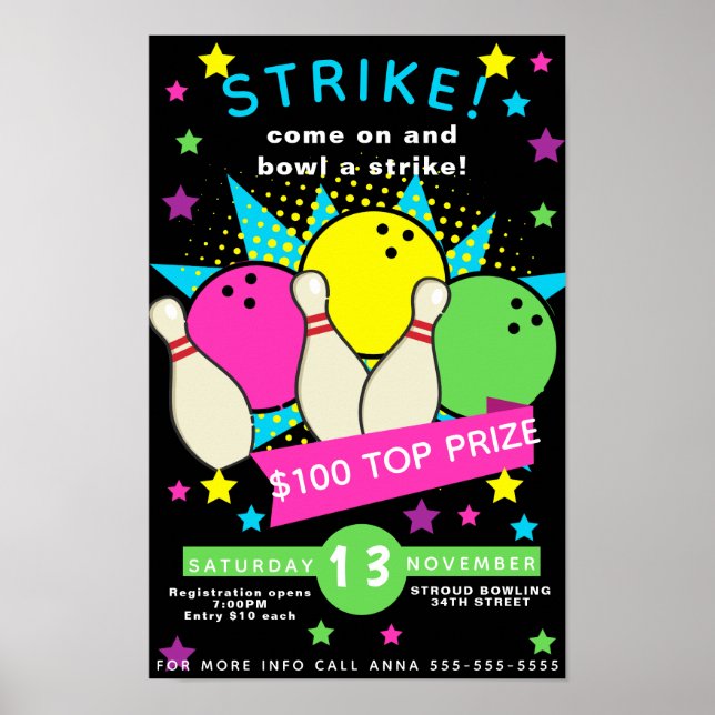 neon glow bowling night flyer, bowling tournament poster (Front)