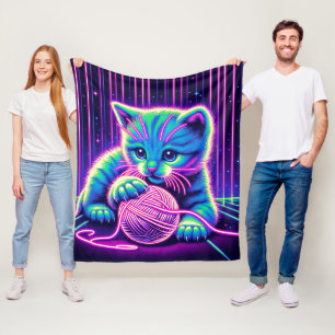 Neon Glow Cat Playing with Yarn Fleece Blanket