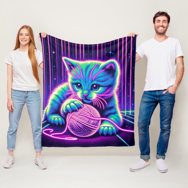Neon Glow Cat Playing with Yarn Fleece Blanket (In Situ)
