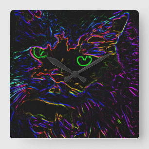 Neon Glow Cat Square Wall Clock