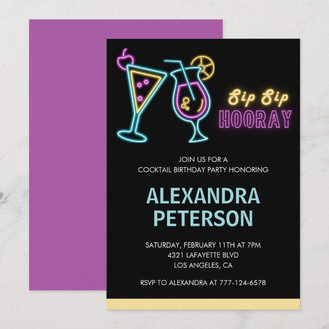Neon Glow Cocktail 63rd birthday Invitation (Front/Back)