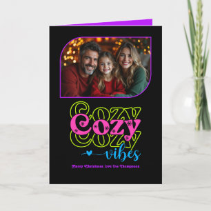 Neon Glow Cosy Vibes Retro Christmas Photo Holiday Card