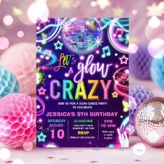 Neon Glow Crazy Disco Dance Birthday Party Invitation