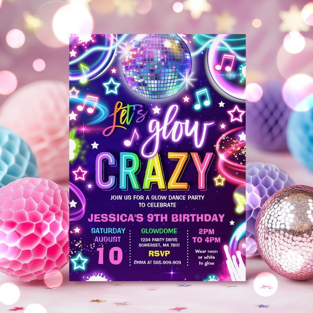 Neon Glow Crazy Disco Dance Birthday Party  Invitation (Creator Uploaded)