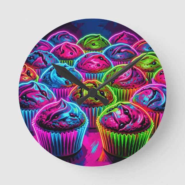 Neon Glow Cupcakes Pattern Round Clock (Front)