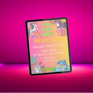 Neon Glow Cute Animal Girly birthday party Invitation