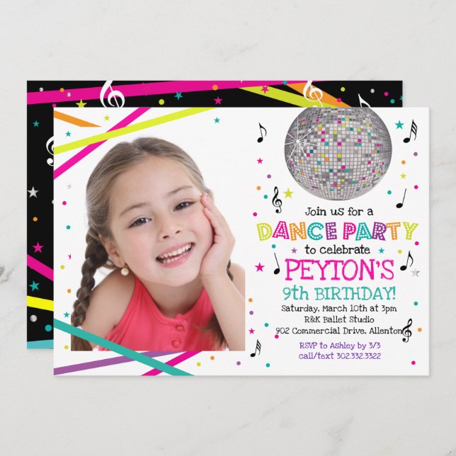Neon Glow Dance Party - Photo Invitation (Front/Back)
