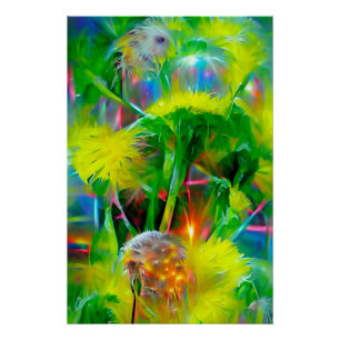 Neon Glow Dandelions in Dream Garden Poster