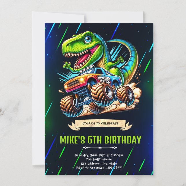 Neon glow dinosaur birthday party invitation (Front)