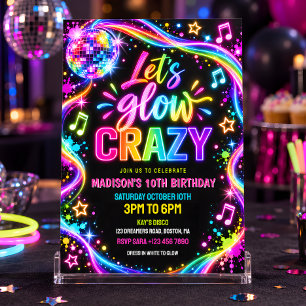 Neon Glow Disco Ball Birthday Party Invitation