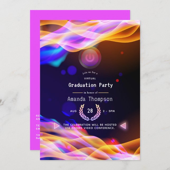Neon Glow Flames Virtual Graduation Party Invitation (Front/Back)