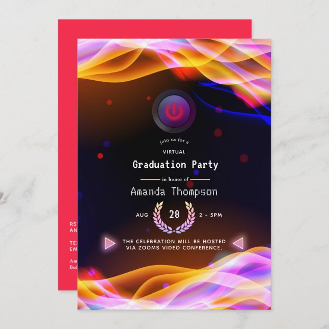 Neon Glow Flames Virtual Graduation Party Invitation (Front/Back)
