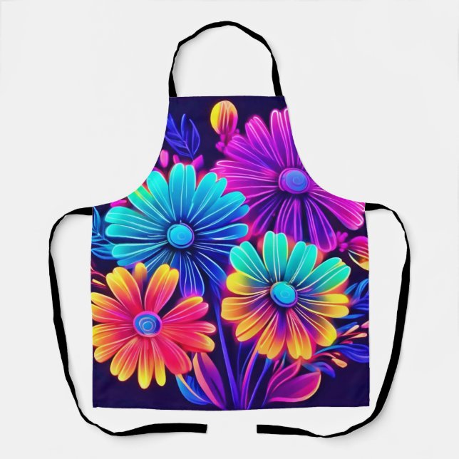 Neon Glow Floral Fantasy Art Apron (Front)