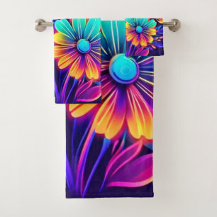 Neon Glow Floral Fantasy Art Bath Towel Set