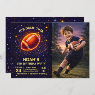 Neon Glow Football Birthday Photo Invitation