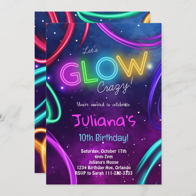 Neon Glow Girls Birthday Party Invite (Front/Back)