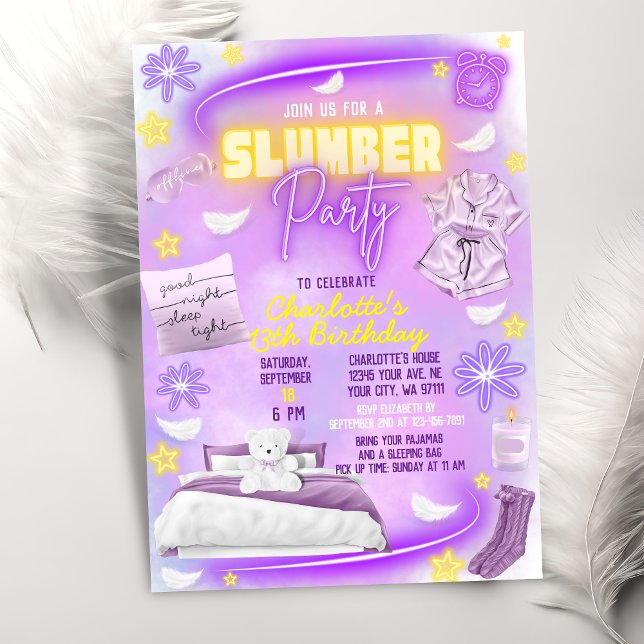 Neon Glow Girls Slumber Sleepover Pajama Party Invitation (Creator Uploaded)