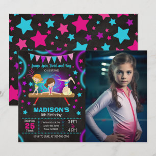 Neon Glow Gymnastics Birthday Party Photo Invitation