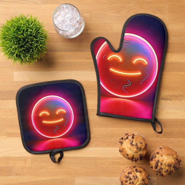 Neon Glow Happy Face Art Oven Mitt & Pot Holder Set (Top Down)
