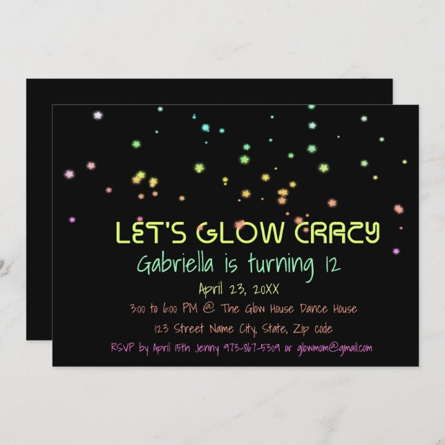 Neon Glow In The Dark Birthday Party Invitation (Front/Back)