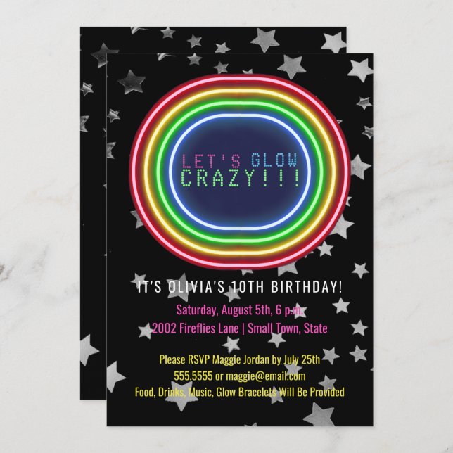 Neon Glow in the Dark Birthday Party | Kids Party Invitation (Front/Back)