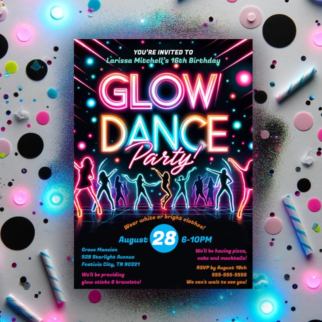 Neon Glow in the Dark Dance Birthday Party  Invitation (Creator Uploaded)