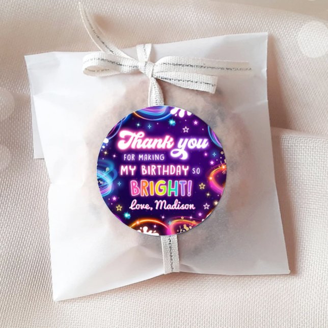 Neon Glow in the Dark Disco Girl Birthday Party Classic Round Sticker (Creator Uploaded)