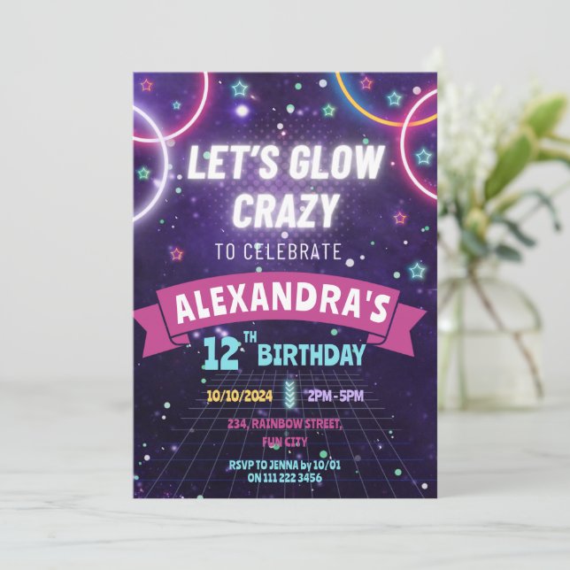 Neon Glow In The Dark Glow Birthday Girl Party Invitation (Standing Front)