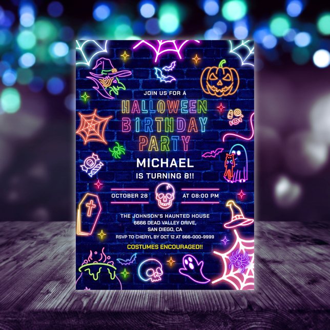 Neon Glow In The Dark Halloween Birthday Party  Invitation (Neon Glow in the dark halloween birthday party invitation)