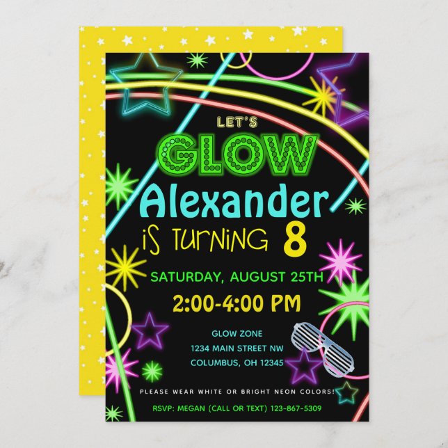 Neon Glow in the Dark Kids Birthday Party Invite (Front/Back)