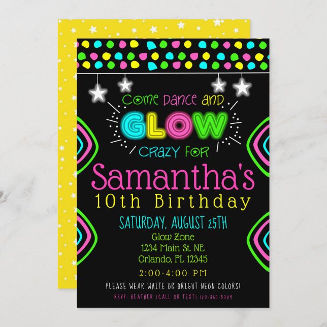 Neon Glow in the Dark Kids Birthday Party Invite (Front/Back)