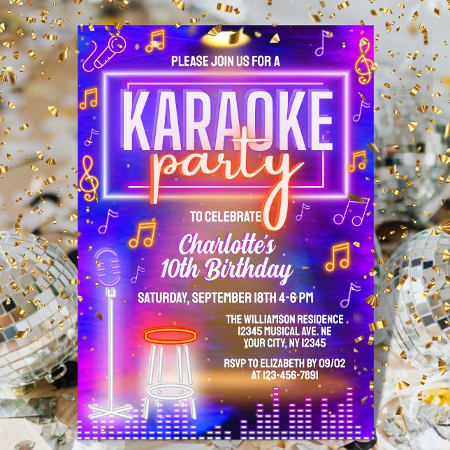 Neon Glow Karaoke Singing Musical Birthday Party Invitation (Creator Uploaded)