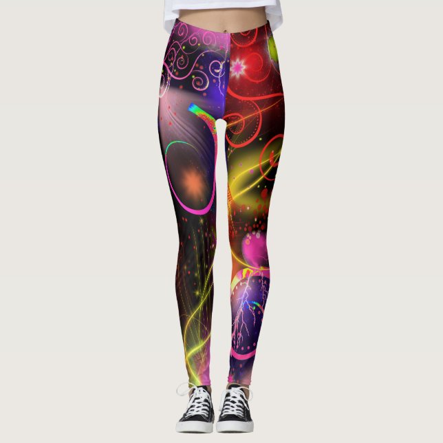 Neon Glow Lightning Stars Swirls Spiral Leggings (Front)