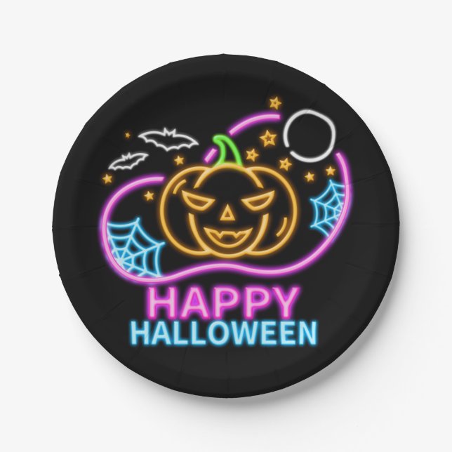 Neon Glow Look Halloween Pumpkin Bats Web Moon 7" Paper Plate (Front)