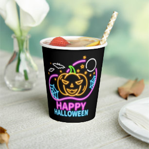 Neon Glow Look Halloween Pumpkin Bats Web Moon  Paper Cups