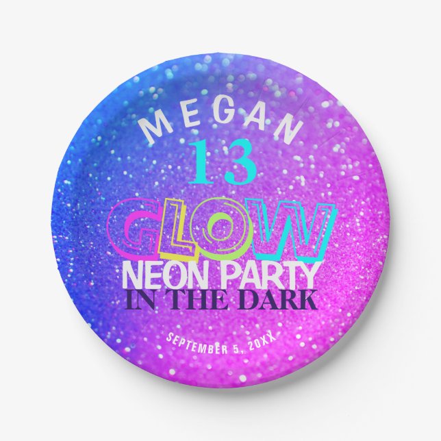 Neon glow modern 13th birthday party paper plate (Front)