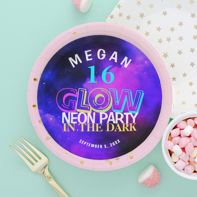 Neon glow modern Sweet 16 birthday party Paper Pla Paper Plate (Creator Uploaded)