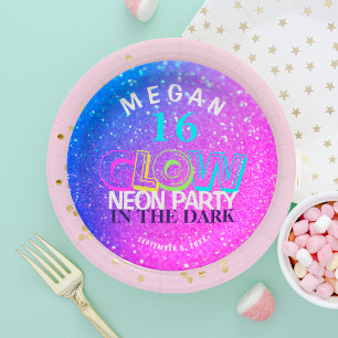 Neon glow modern Sweet 16 birthday party Paper Plate