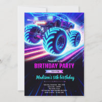 Neon glow monster truck party invitation